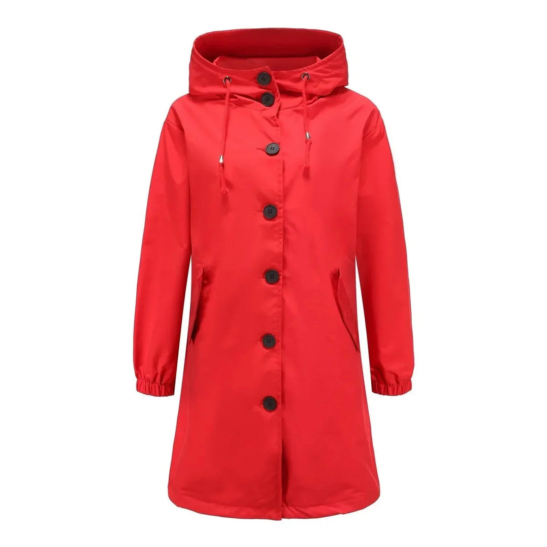 Women's water-resistant hooded winter trench coat button-front in Red