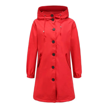 Women's water-resistant hooded winter trench coat button-front in Red