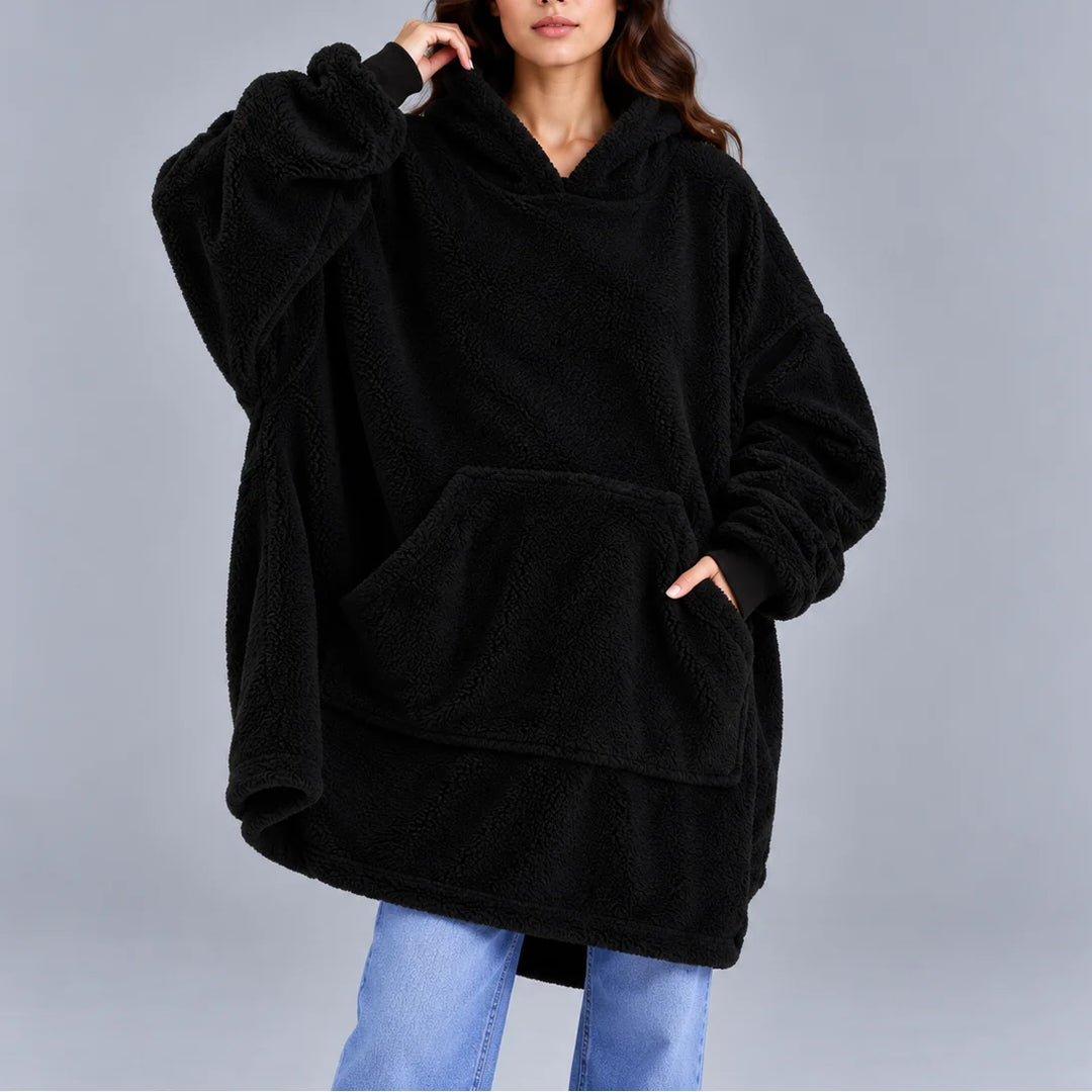 Women's oversized sherpa winter fleece hoodie chunky sweater in Black