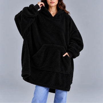 Women's oversized sherpa winter fleece hoodie chunky sweater in Black