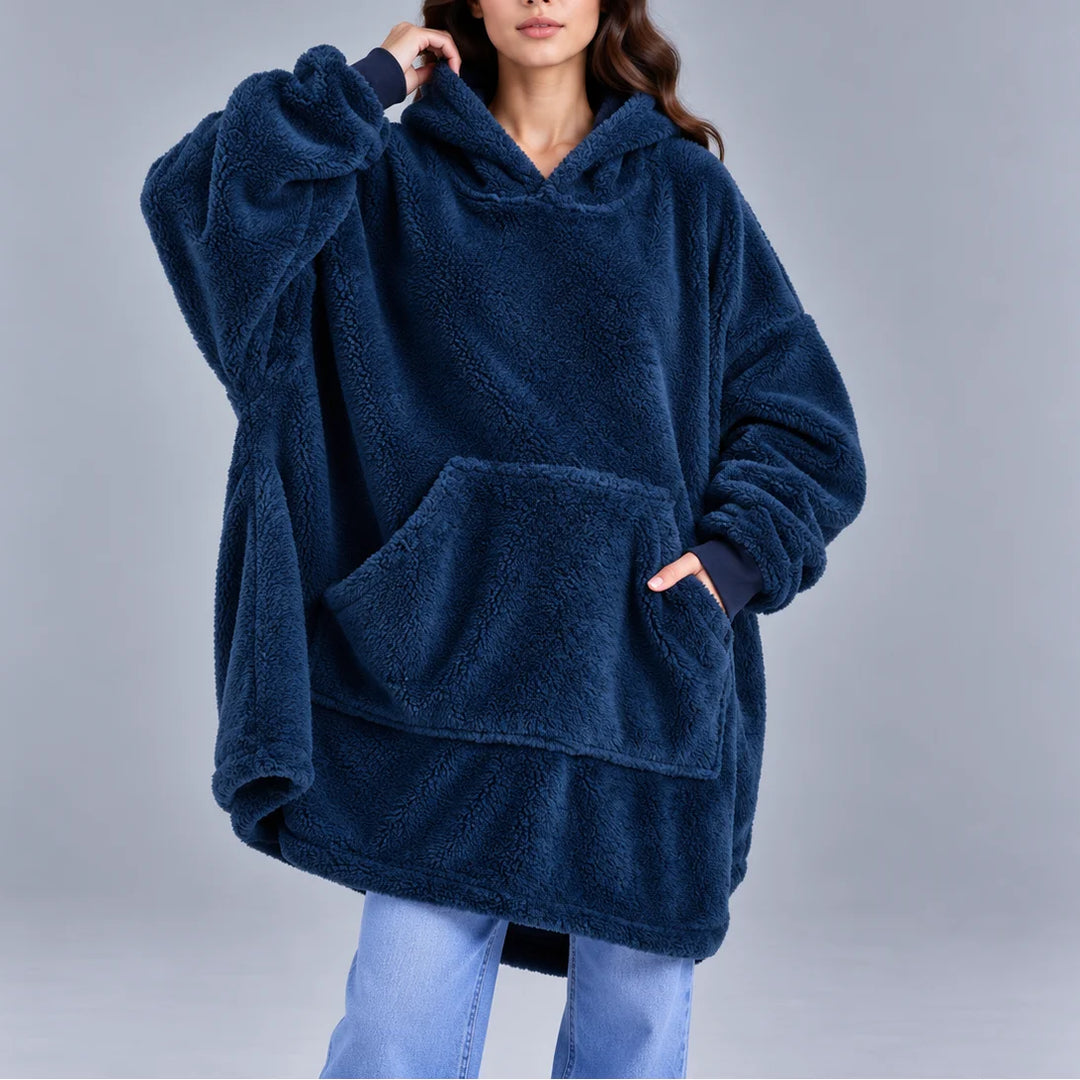 Women's oversized sherpa winter fleece hoodie chunky sweater in Navy