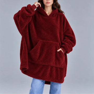 Women's oversized sherpa winter fleece hoodie chunky sweater in Red