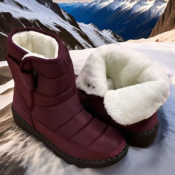 Women's winter snow boots with hook-and-loop closure in Burgundy