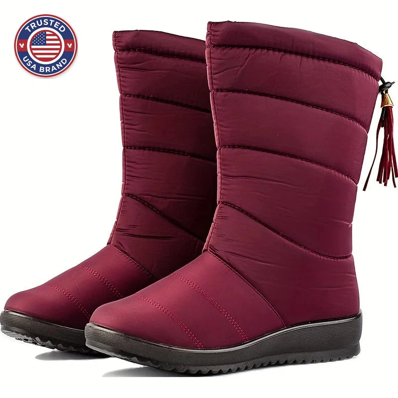 Women's quilted mid-calf winter snow boots with faux fur lining in Black