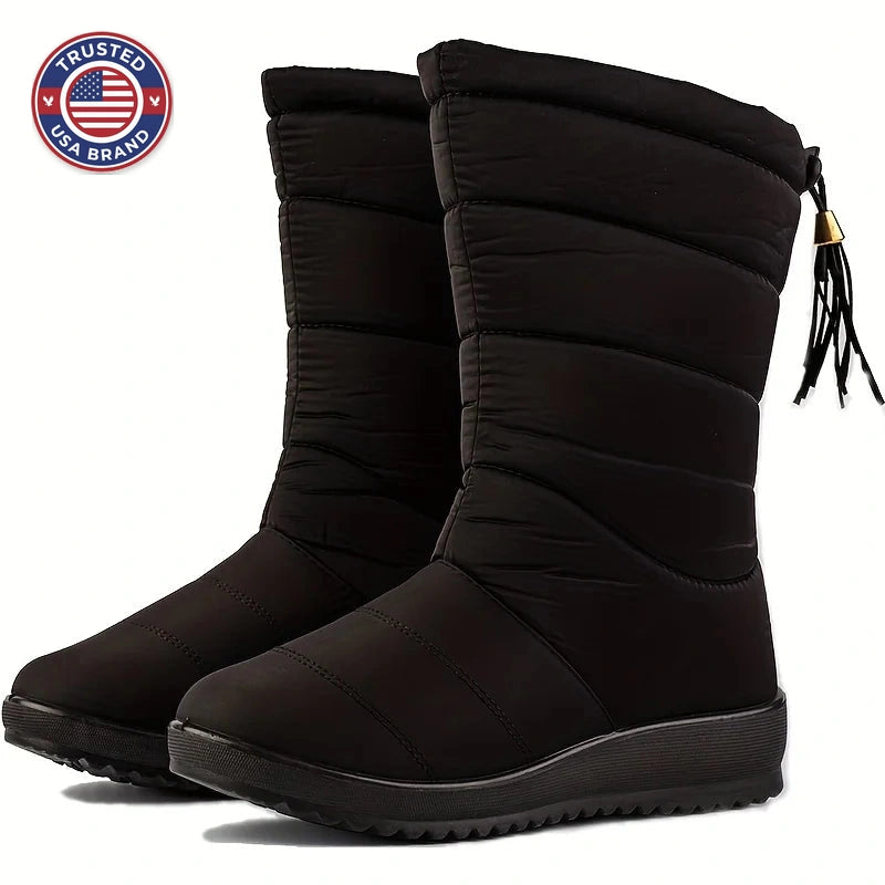 Women's quilted mid-calf winter snow boots with faux fur lining in Black