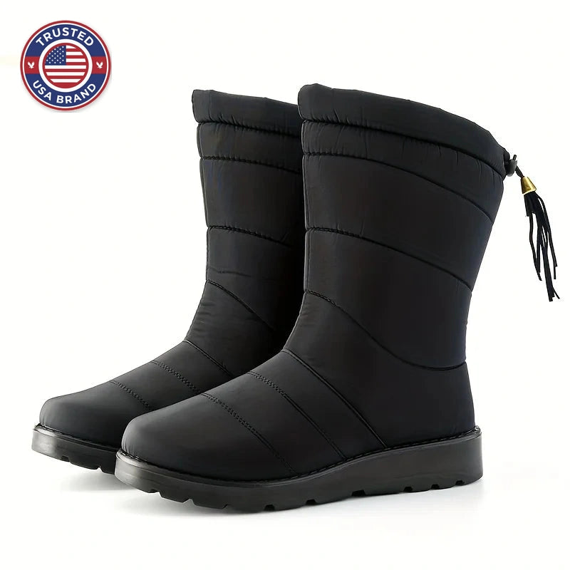 Women's quilted mid-calf winter snow boots with faux fur lining in Black