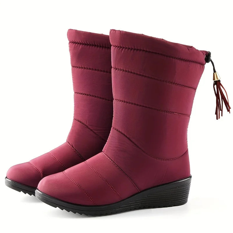 Women's quilted mid-calf winter snow boots with faux fur lining in Burgundy
