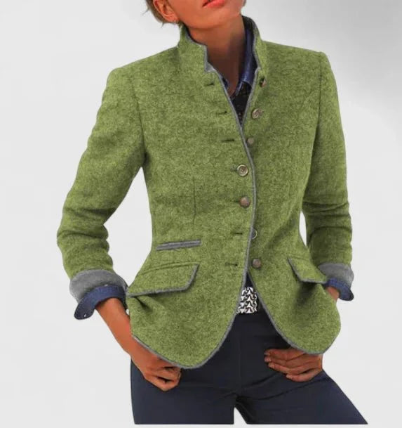 Women's Wool Blazer Stand-up Collar Button-Front Tailored - Brown
