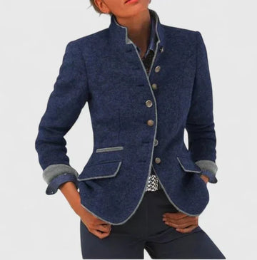 Women's Wool Blazer Stand-up Collar Button-Front Tailored - Brown