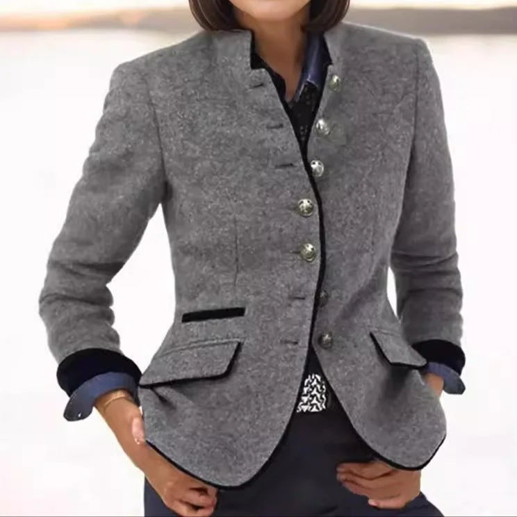 Women's Wool Blazer Stand-up Collar Button-Front Tailored - Brown