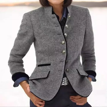 Women's Wool Blazer Stand-up Collar Button-Front Tailored - Brown