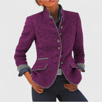 Women's Wool Blazer Stand-up Collar Button-Front Tailored - Brown