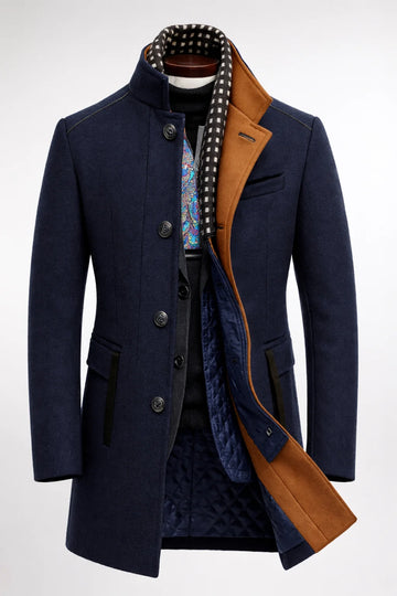 Women's smart winter wool coat with lapel in Navy Blue