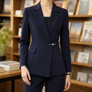 Women's wrap-front fitted winter blazer with bar clasp in Blue