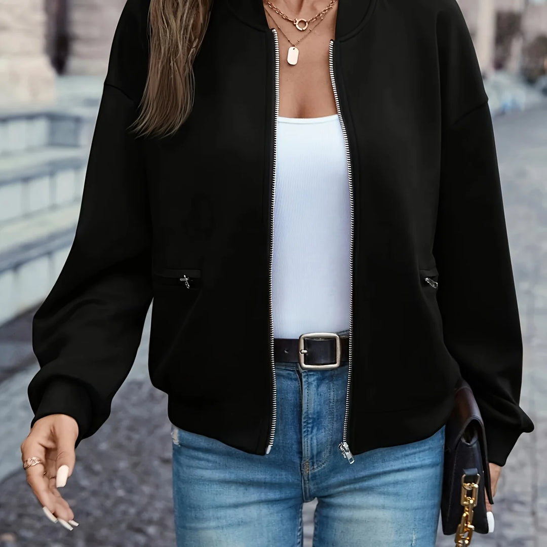 Women's zip-up winter bomber jacket with ribbed baseball collar in Black