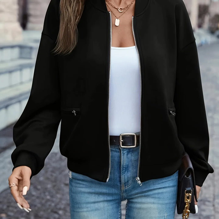 Women's zip-up winter bomber jacket with ribbed baseball collar in Black