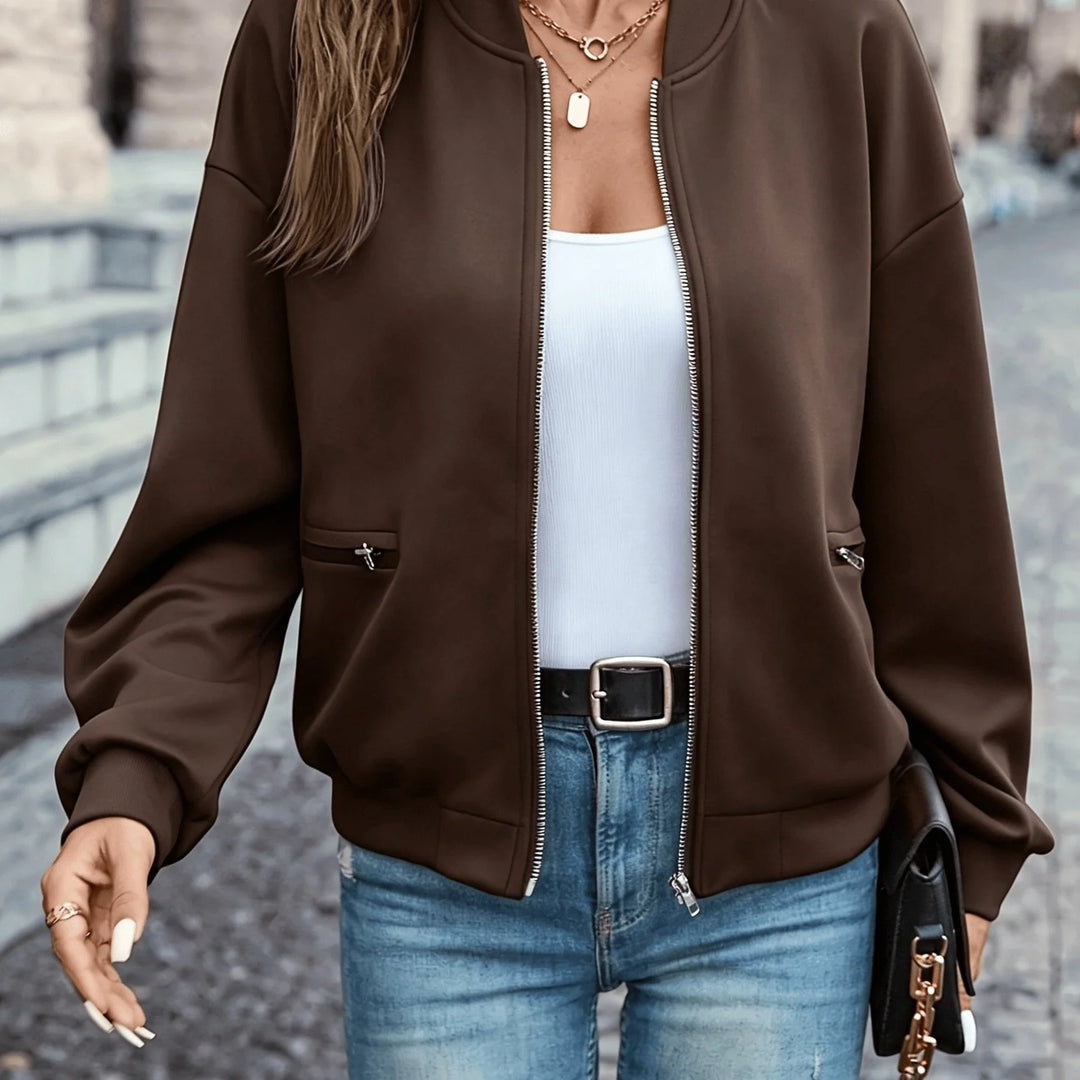 Women's zip-up winter bomber jacket with ribbed baseball collar in Coffee