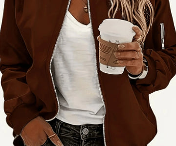 Women's zip-up winter bomber jacket with ribbed baseball collar in purple in Dark Brown
