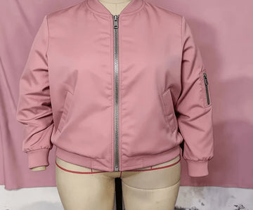 Women's zip-up winter bomber jacket with ribbed baseball collar in purple in Dusty Pink