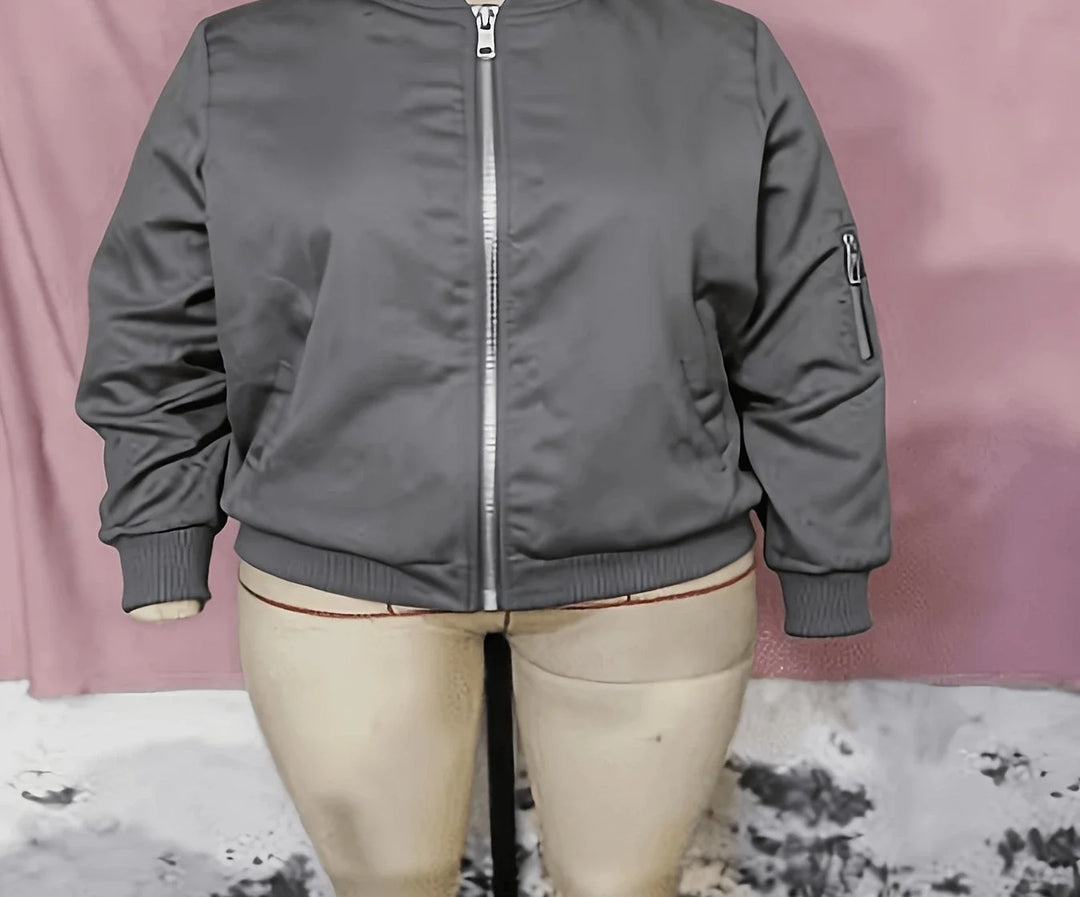 Women's zip-up winter bomber jacket with ribbed baseball collar in purple in Grey