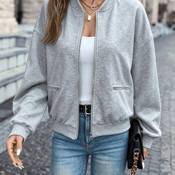 Women's zip-up winter bomber jacket with ribbed baseball collar in Light Grey