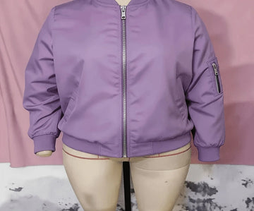 Women's zip-up winter bomber jacket with ribbed baseball collar in purple in Purple