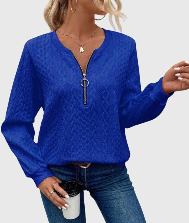 Cable knit zip-up winter sweater for women in Blue