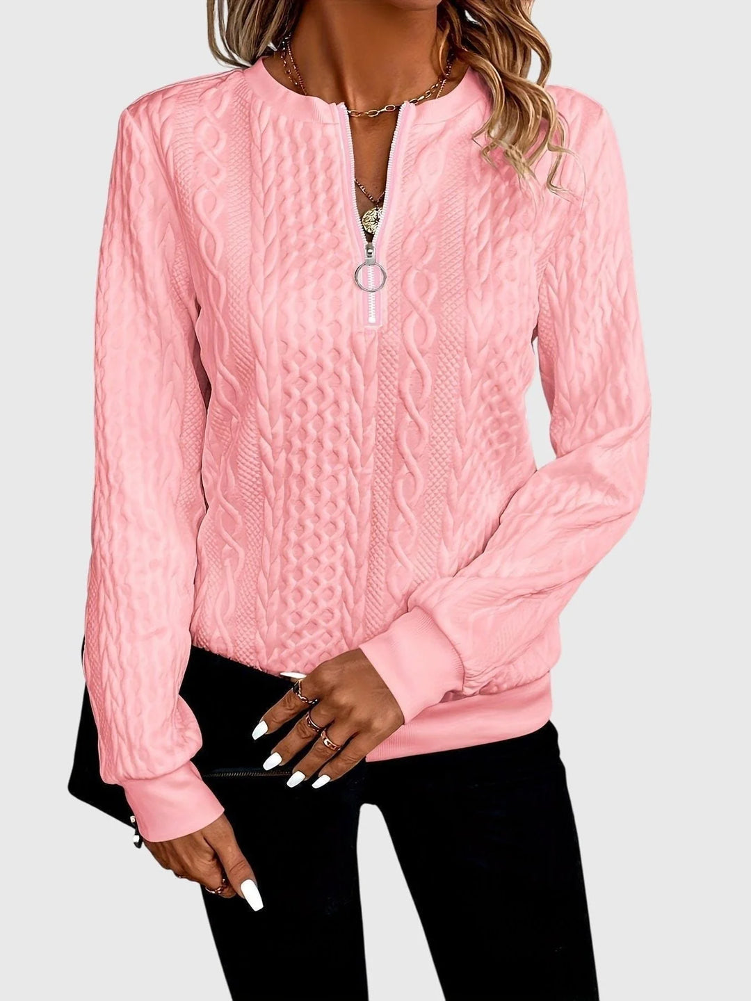 Cable knit zip-up winter sweater for women in Pink