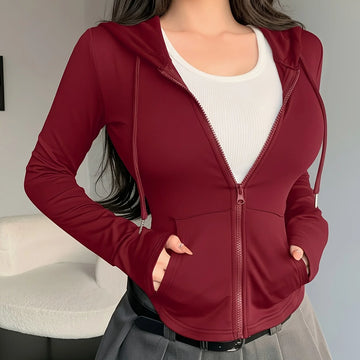 Women's comfy zip-up cropped winter hoodie in Brick Red