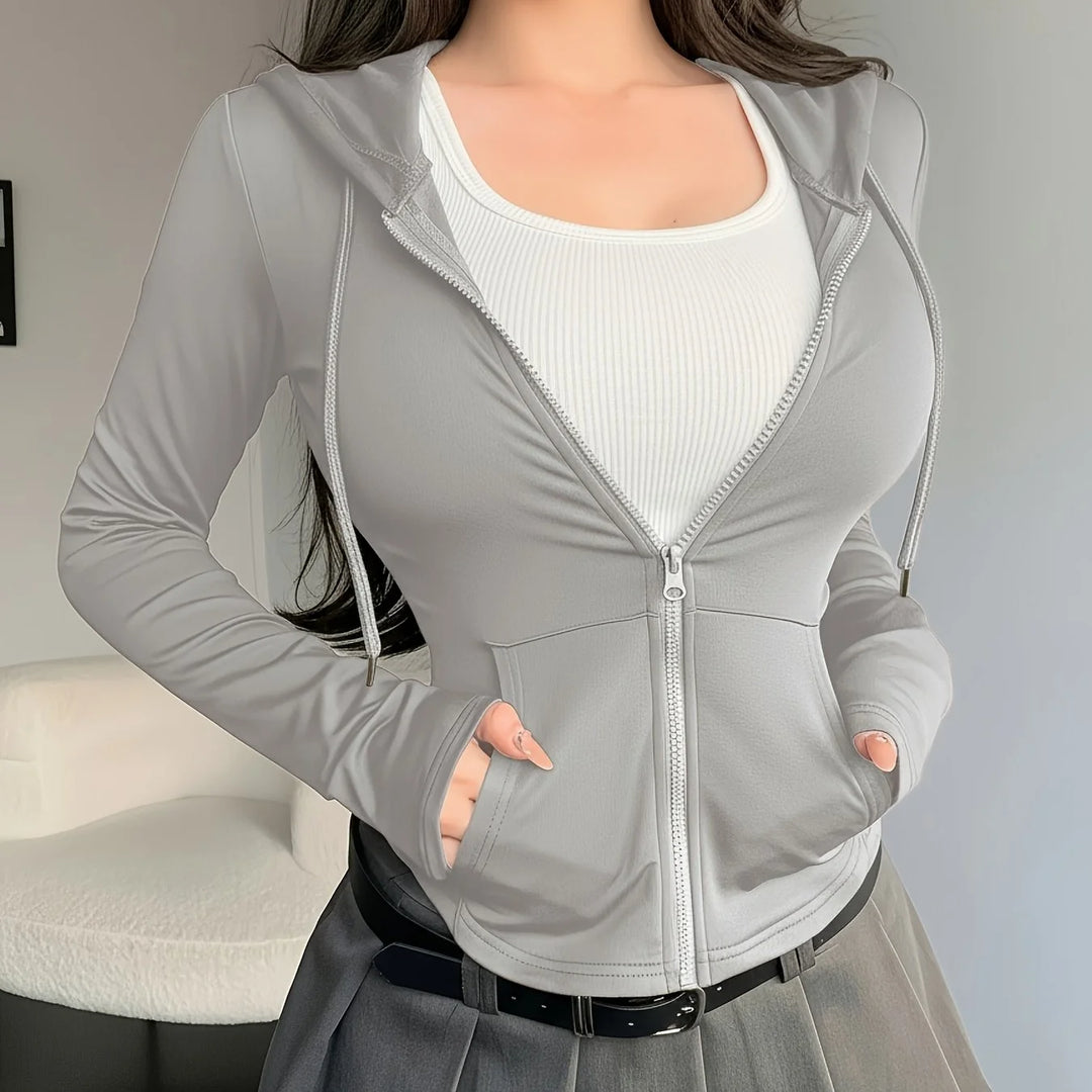 Women's comfy zip-up cropped winter hoodie in Silvery Grey