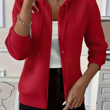 Women's comfy zip-up winter hoodie with long ribbed cuffs in Red