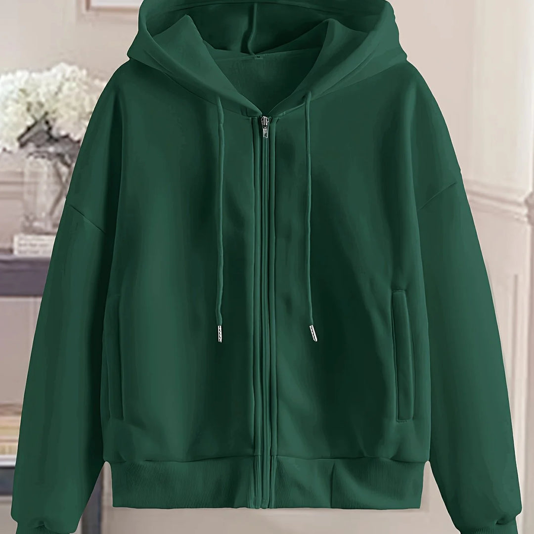 Women's comfy zip-up winter hoodie with side pockets in Dark Green