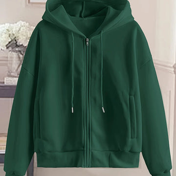 Women's comfy zip-up winter hoodie with side pockets in Dark Green