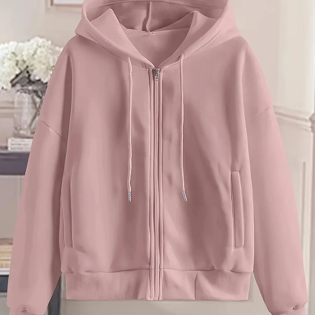 Women's comfy zip-up winter hoodie with ribbed cuffs in Pink