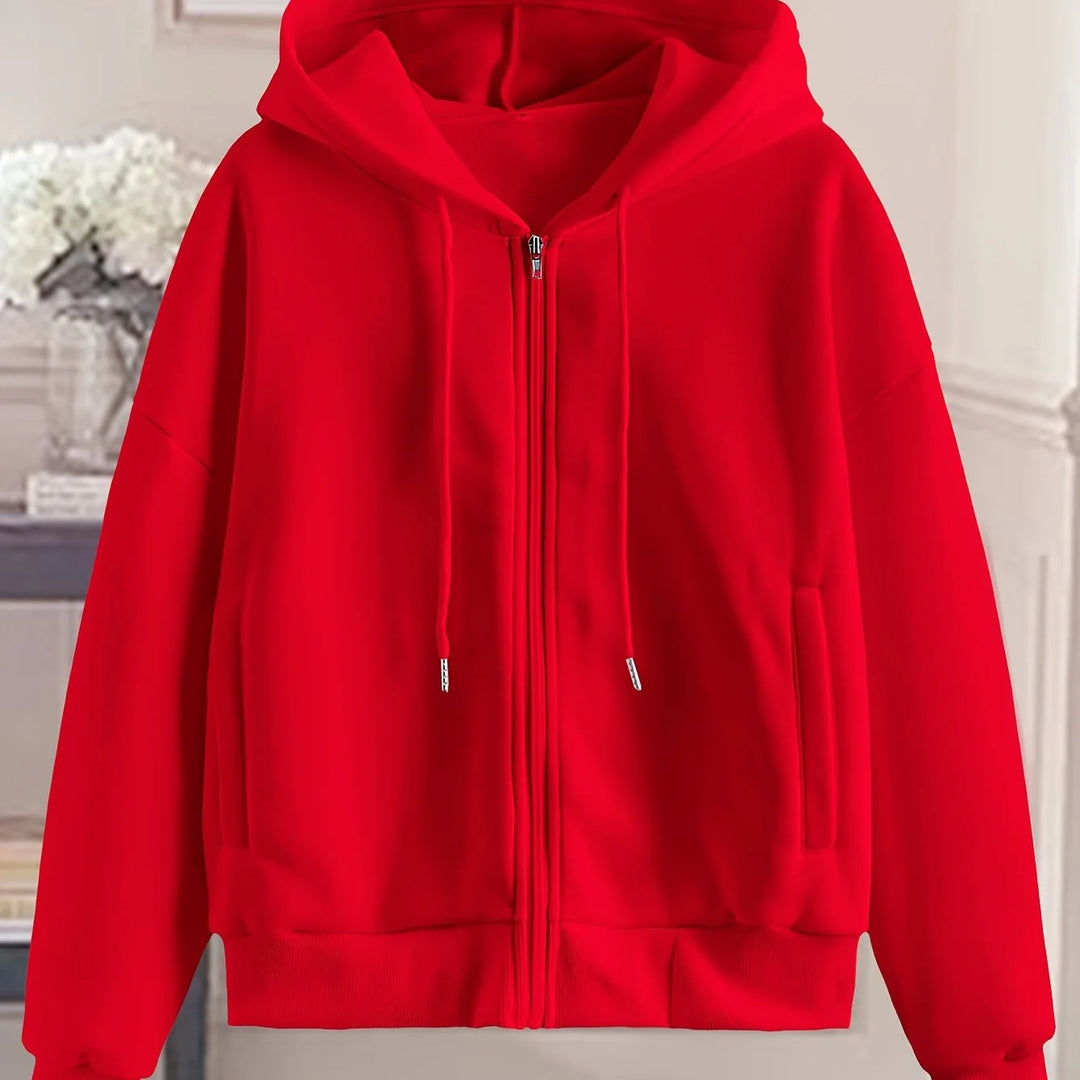 Women's comfy zip-up winter hoodie with side pockets in Red
