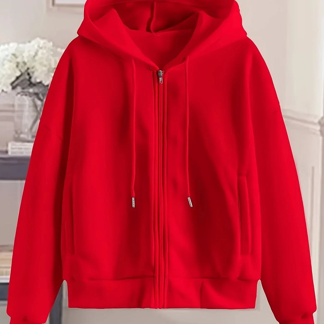 Women's comfy zip-up winter hoodie with ribbed cuffs in Red