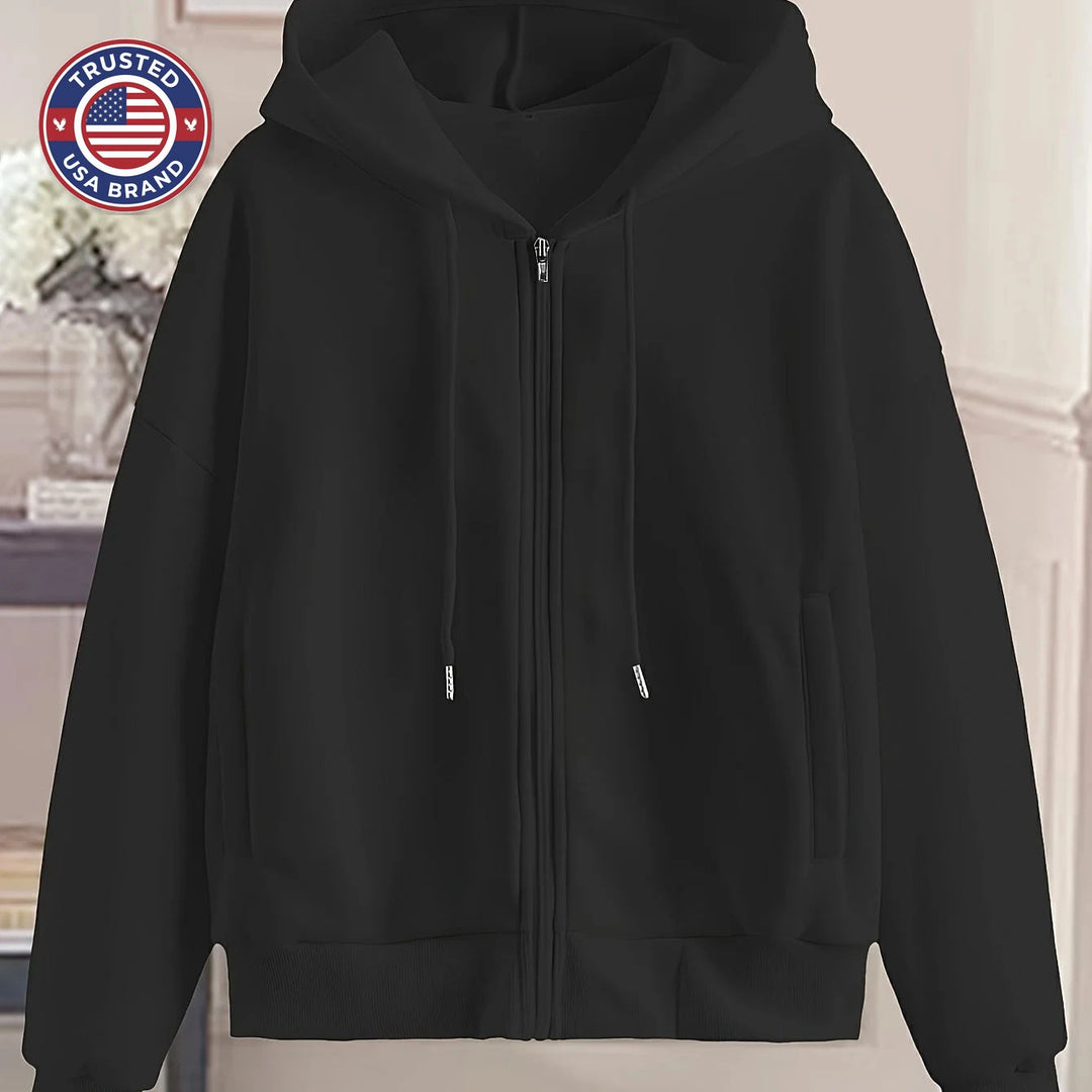 Women's comfy zip-up winter hoodie with ribbed cuffs in White