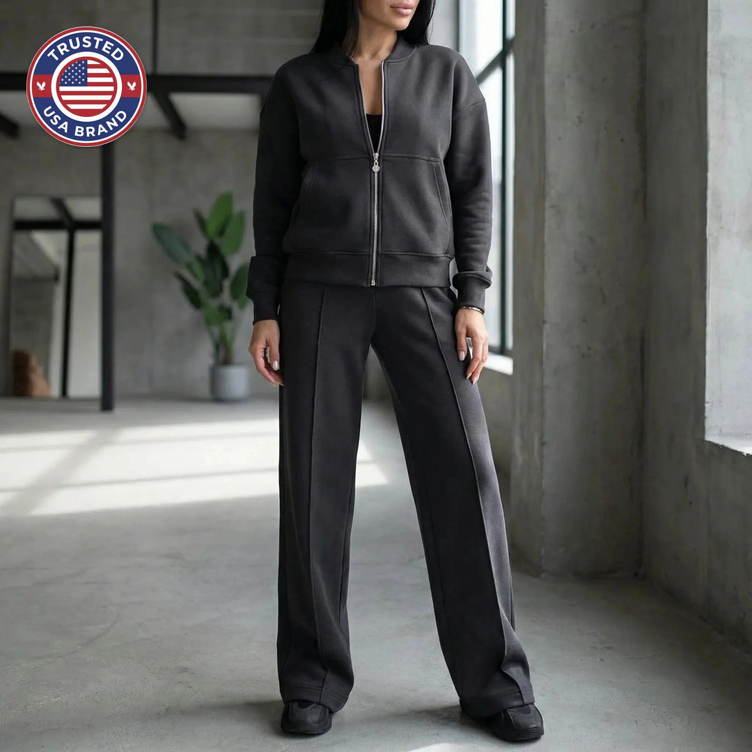 Women's front zip winter bomber jacket straight-leg trousers set
