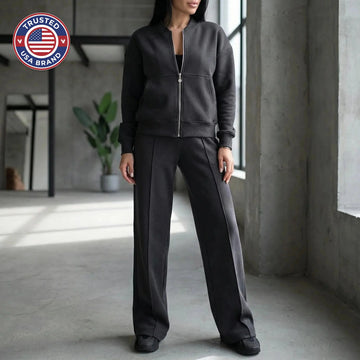 Women's front zip winter bomber jacket straight-leg trousers set