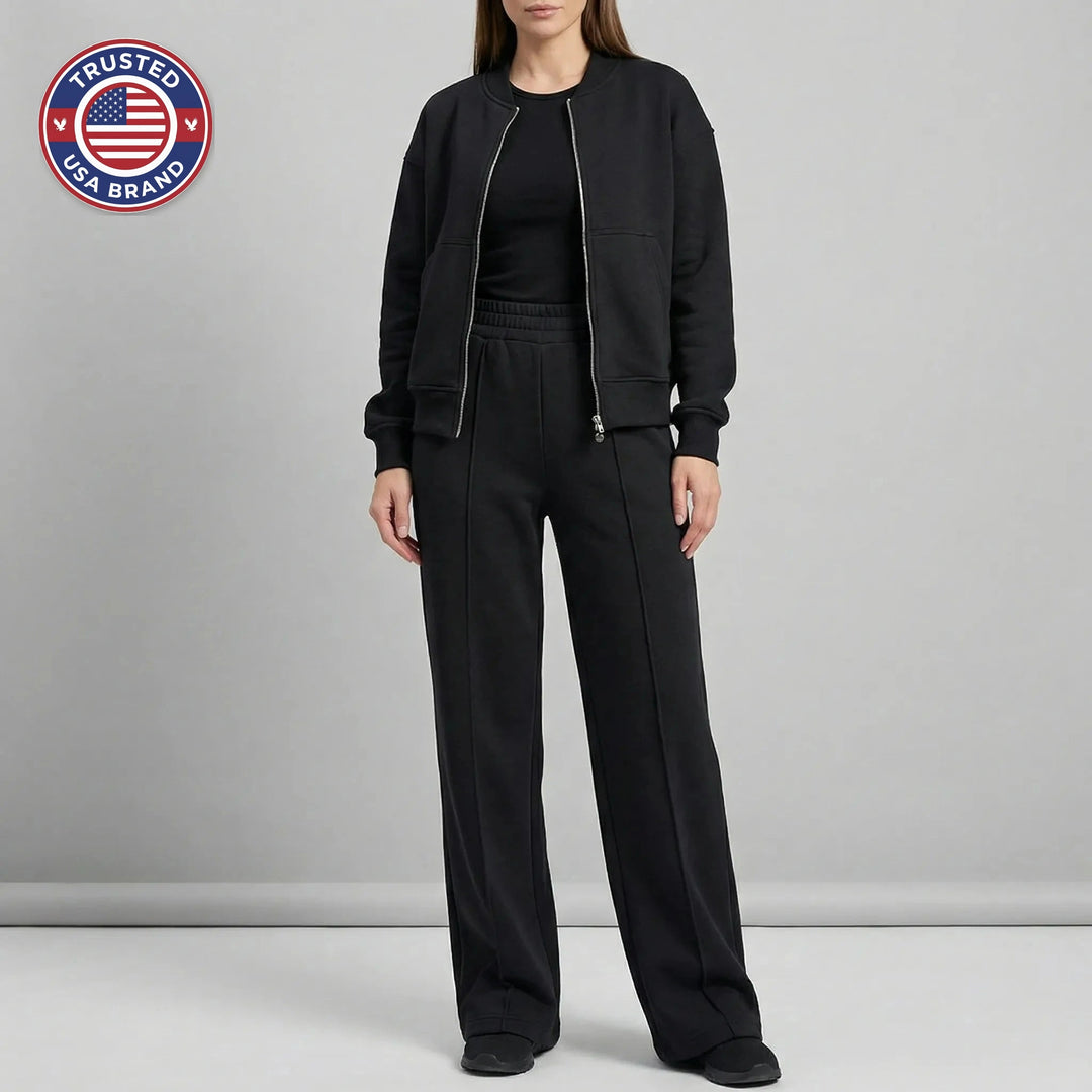 Women's front zip winter bomber jacket straight-leg trousers set
