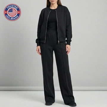 Women's front zip winter bomber jacket straight-leg trousers set
