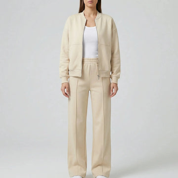 Women's front zip winter bomber jacket straight-leg trousers set in Beige