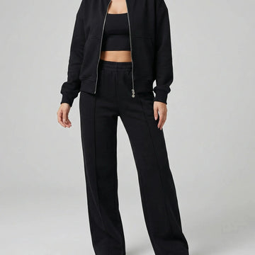 Women's front zip winter bomber jacket straight-leg trousers set in Black