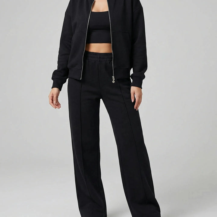 Women's front zip winter bomber jacket straight-leg trousers set in Black