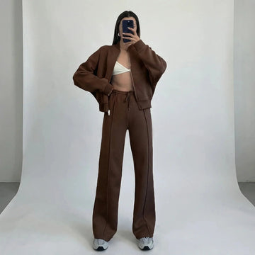 Women's front zip winter bomber jacket straight-leg trousers set in Brown