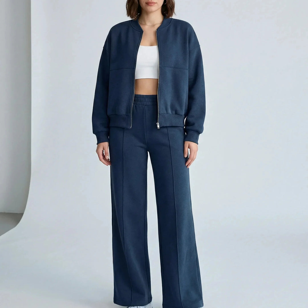 Women's front zip winter bomber jacket straight-leg trousers set in Dark Blue