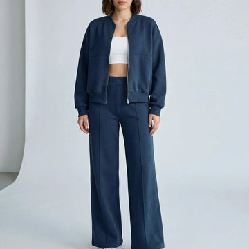 Women's front zip winter bomber jacket straight-leg trousers set in Dark Blue
