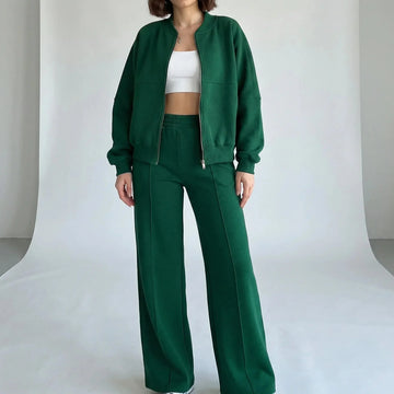 Women's front zip winter bomber jacket straight-leg trousers set in Green