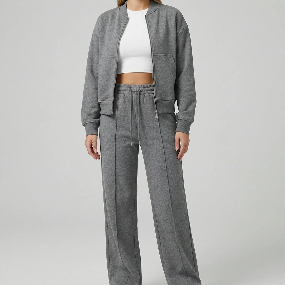 Women's front zip winter bomber jacket straight-leg trousers set in Grey
