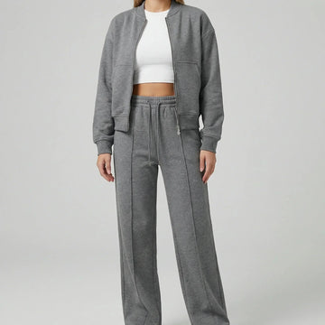 Women's front zip winter bomber jacket straight-leg trousers set in Grey
